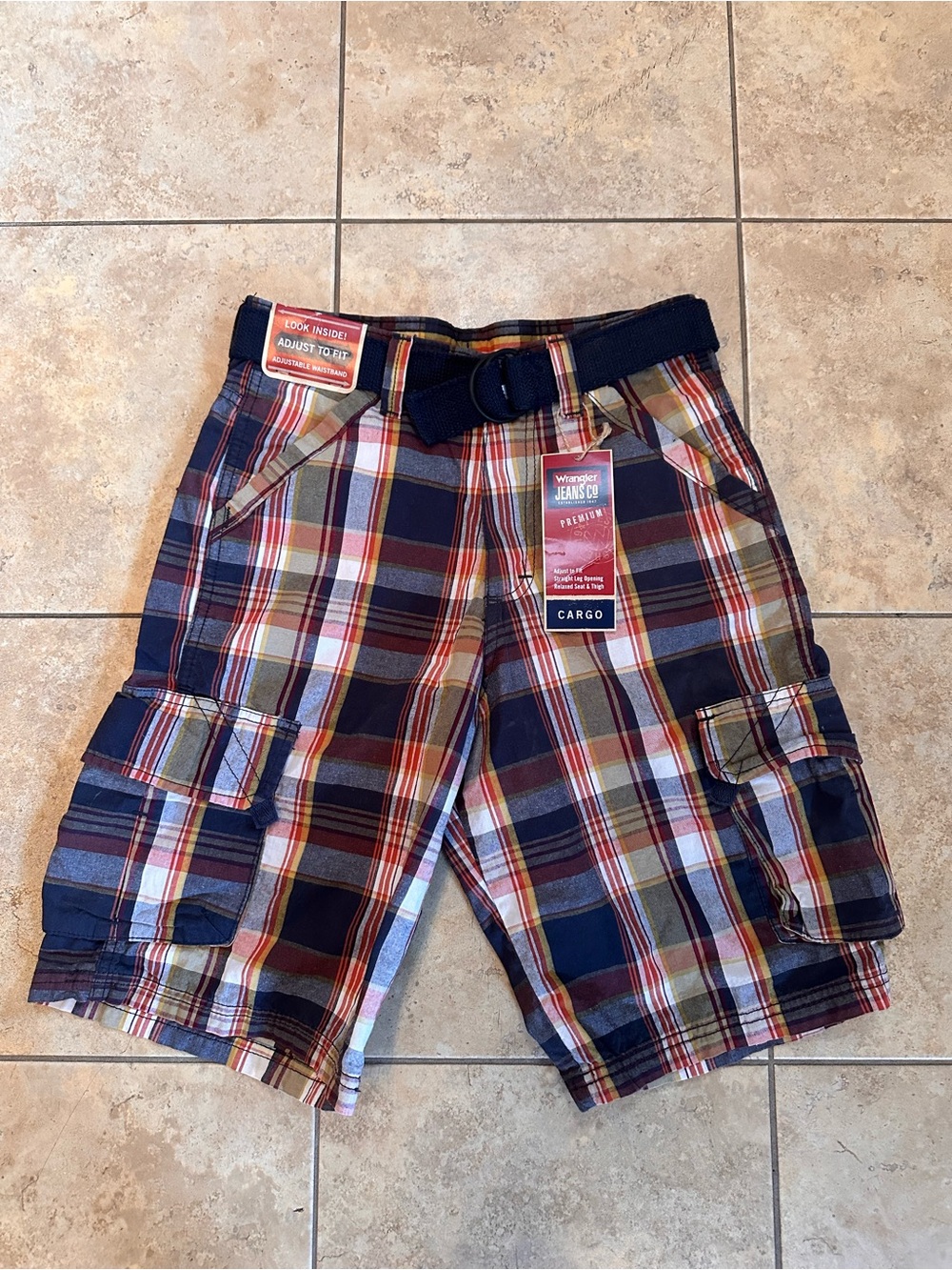 Wrangler Boys Plaid Cargo Shorts in Navy, Red & Tan